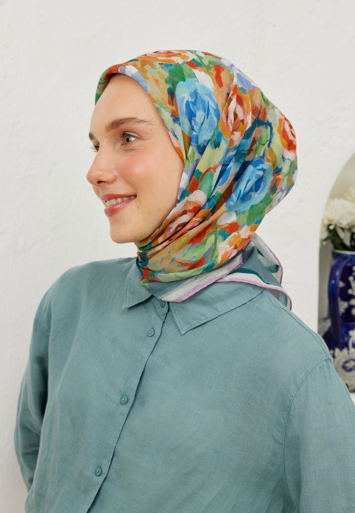 Turuncu Poppy Desen Pamuk Vual Eşarp