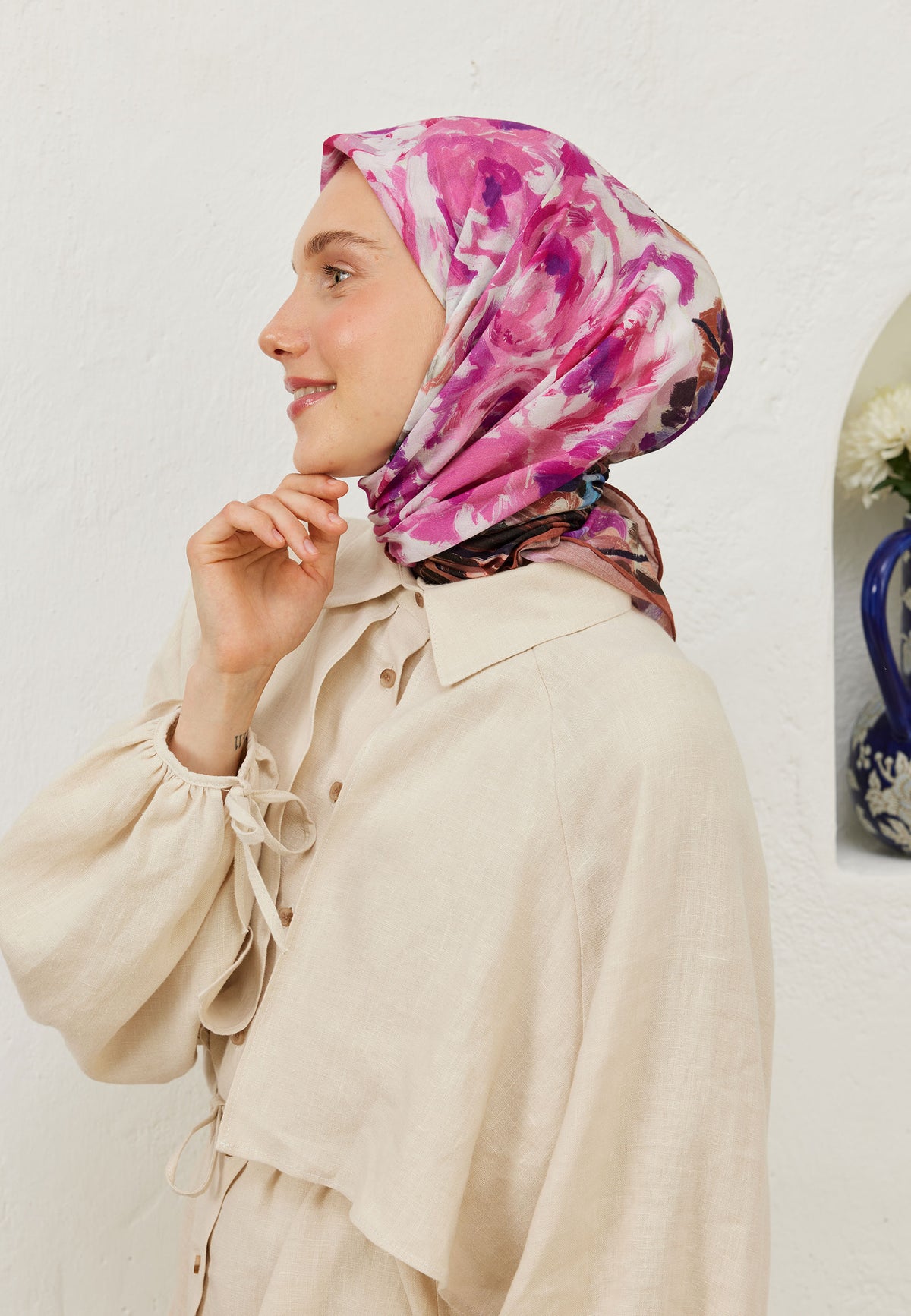 Orkide Sprıng Flora Desen Pamuk Vual Eşarp