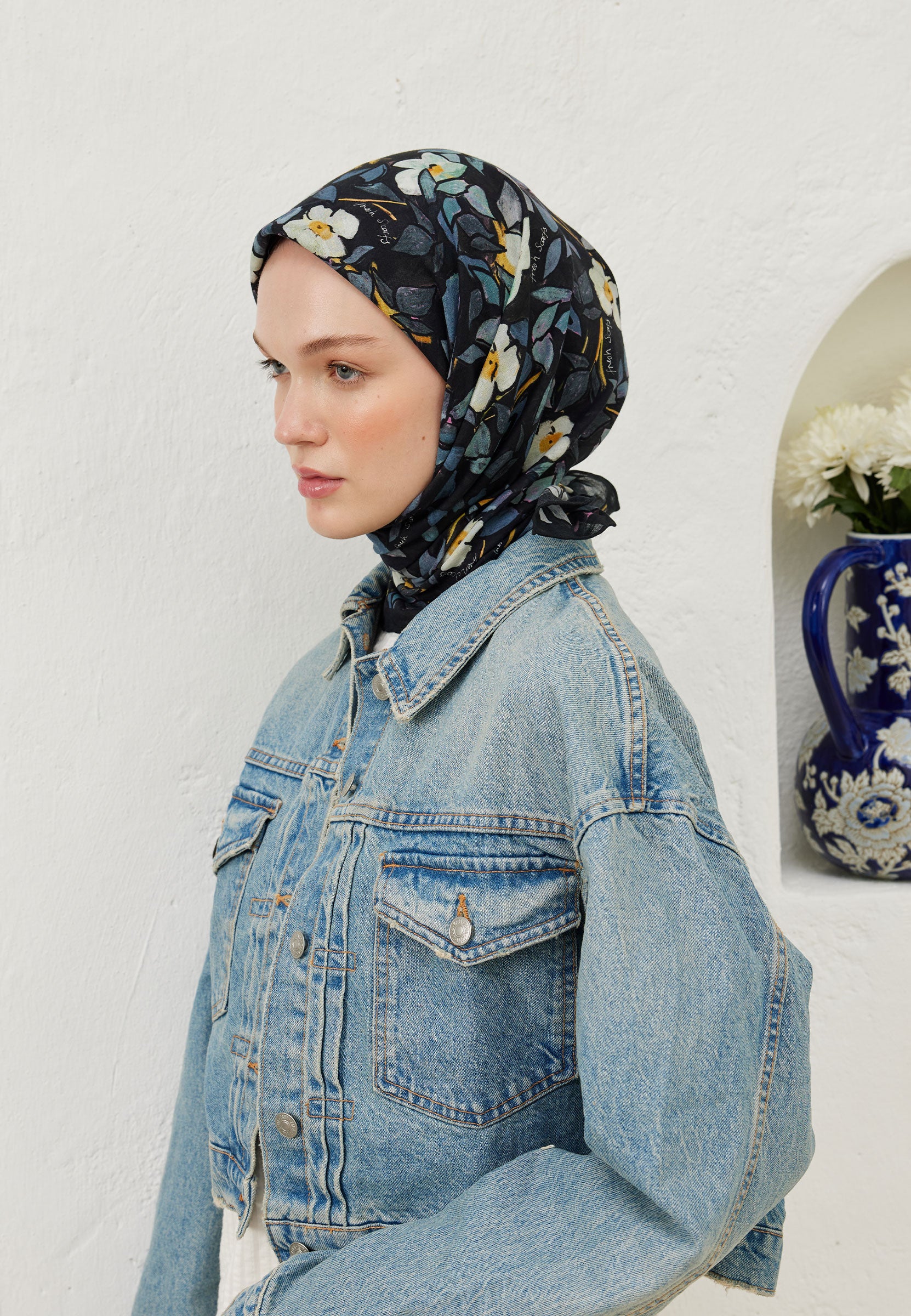 İndigo Emma Desen Pamuk Vual Eşarp