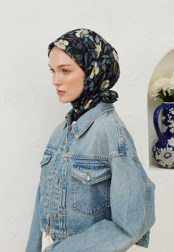 İndigo Emma Desen Pamuk Vual Eşarp