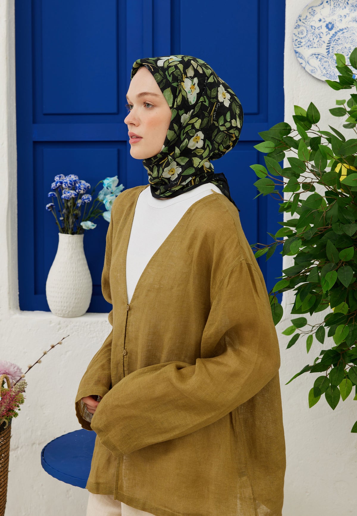 Yeşil Emma Desen Pamuk Vual Eşarp