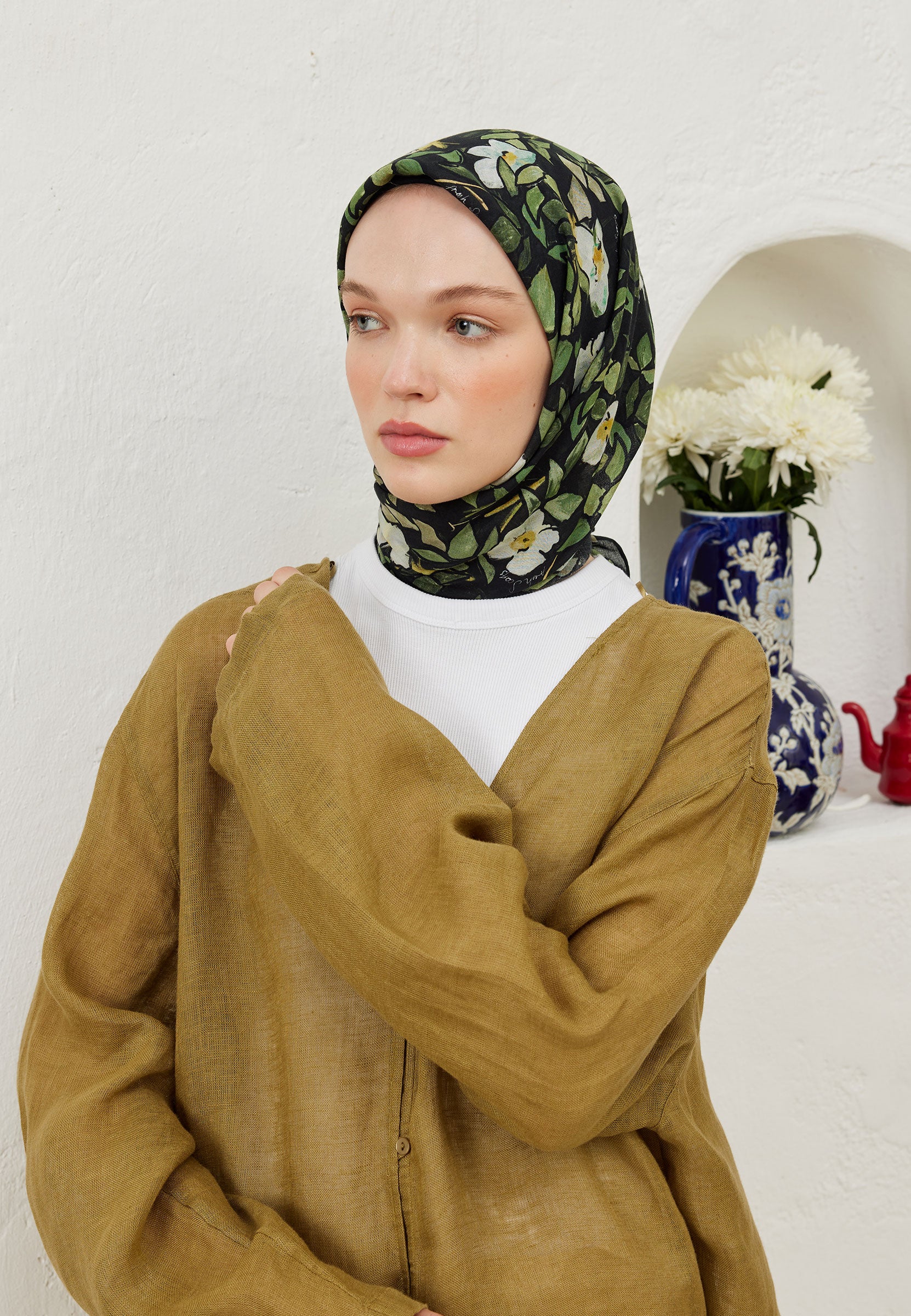 Yeşil Emma Desen Pamuk Vual Eşarp