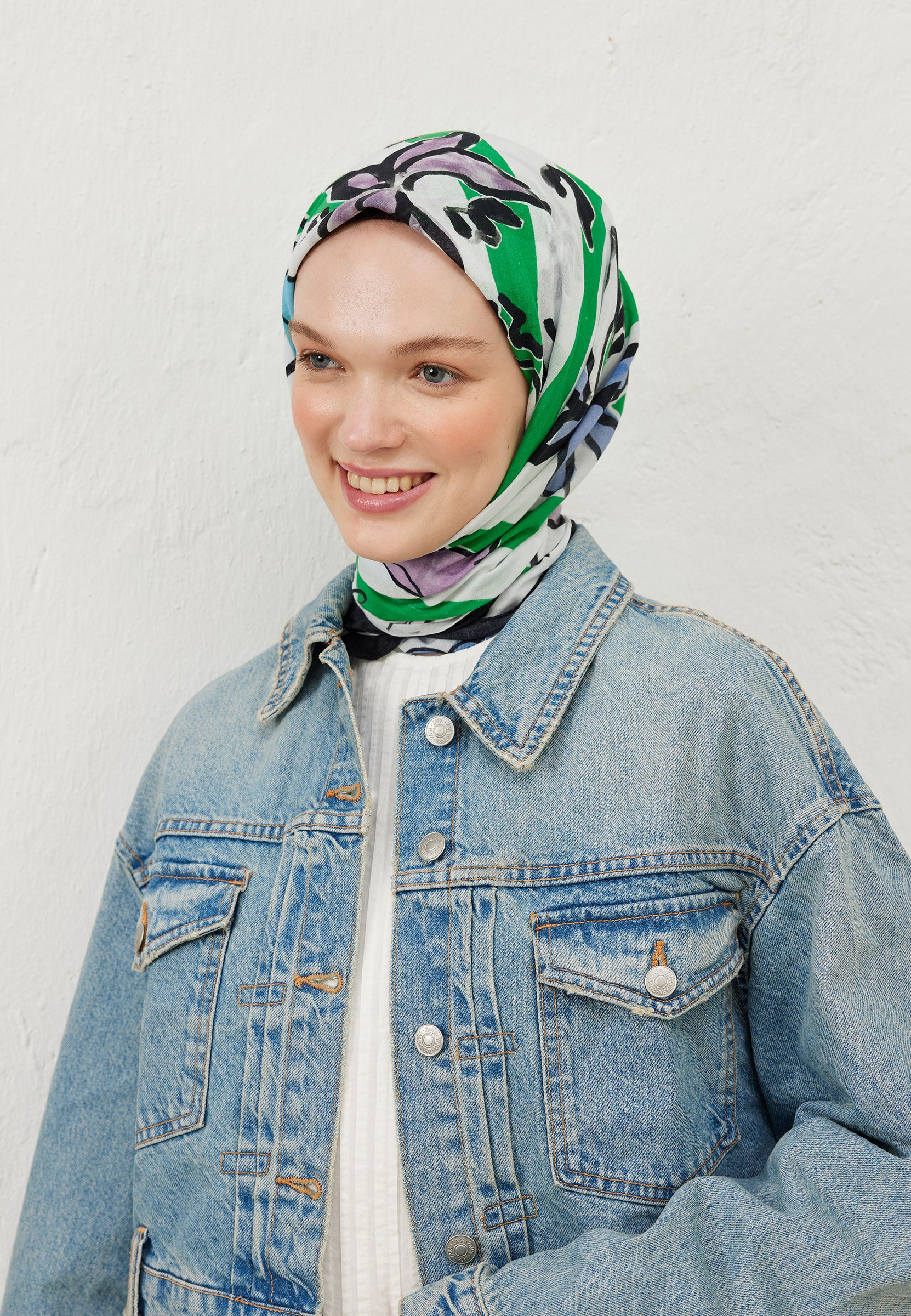Yeşil Lemonade Desen Pamuk Vual Eşarp