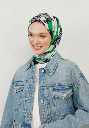 Yeşil Lemonade Desen Pamuk Vual Eşarp