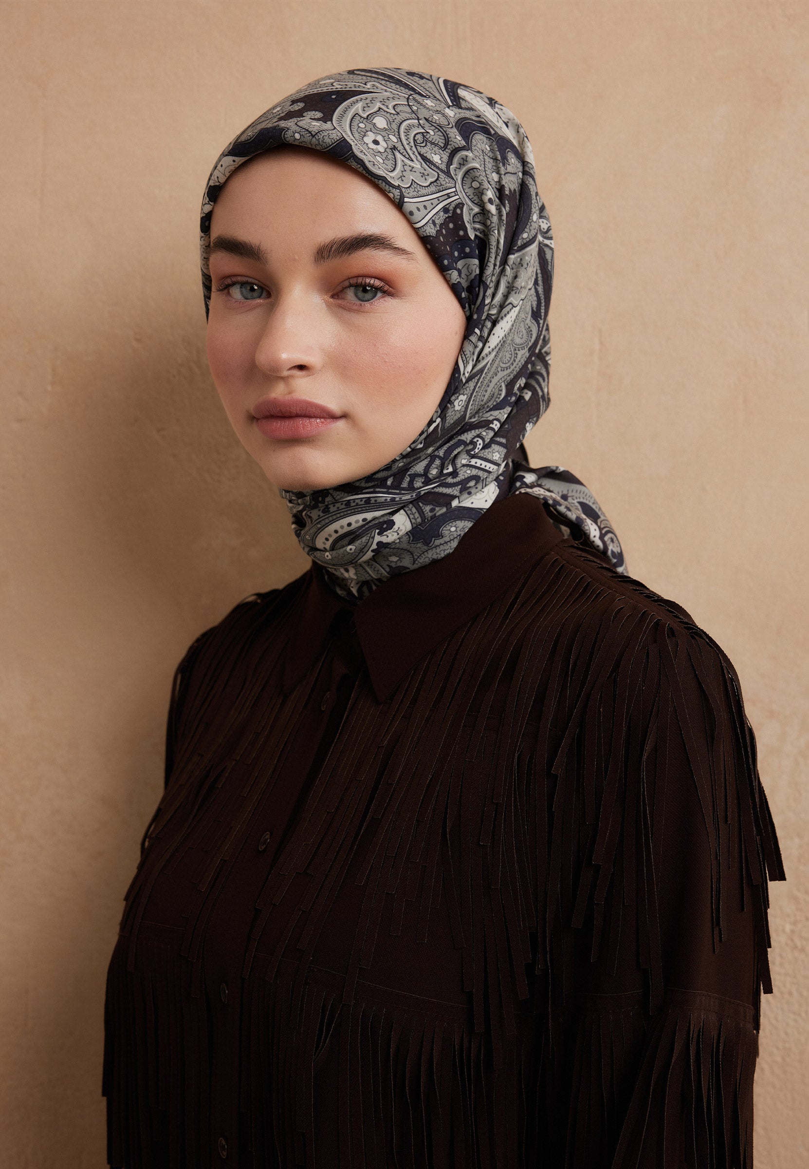 Kestane Sıara Desen Pamuk İpek Eşarp