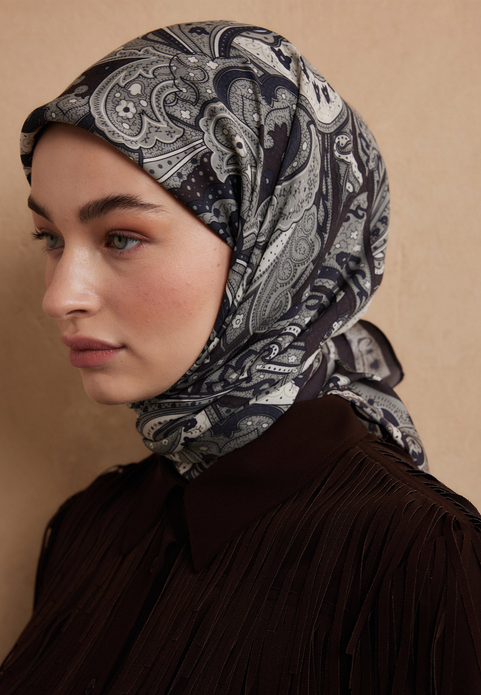 Kestane Sıara Desen Pamuk İpek Eşarp
