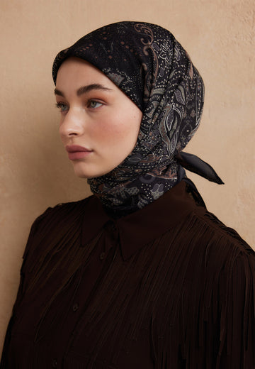 Siyah Eliza Desen Pamuk İpek Eşarp