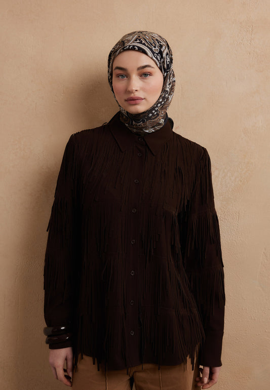 Kahve Etnıc Floral Desen Pamuk İpek Eşarp