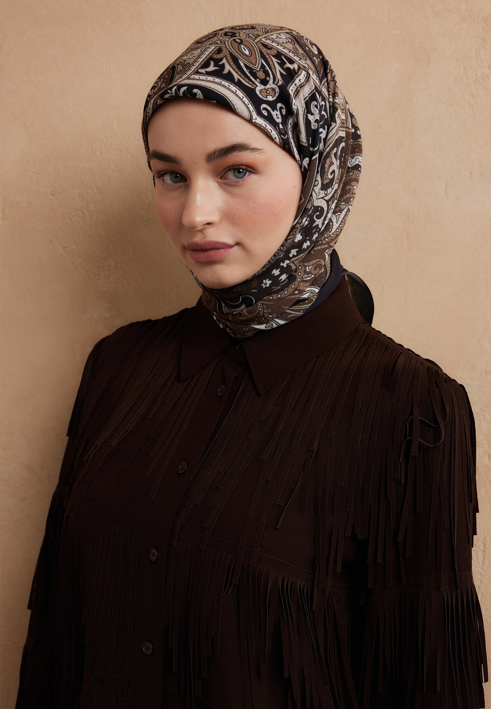 Kahve Etnıc Floral Desen Pamuk İpek Eşarp