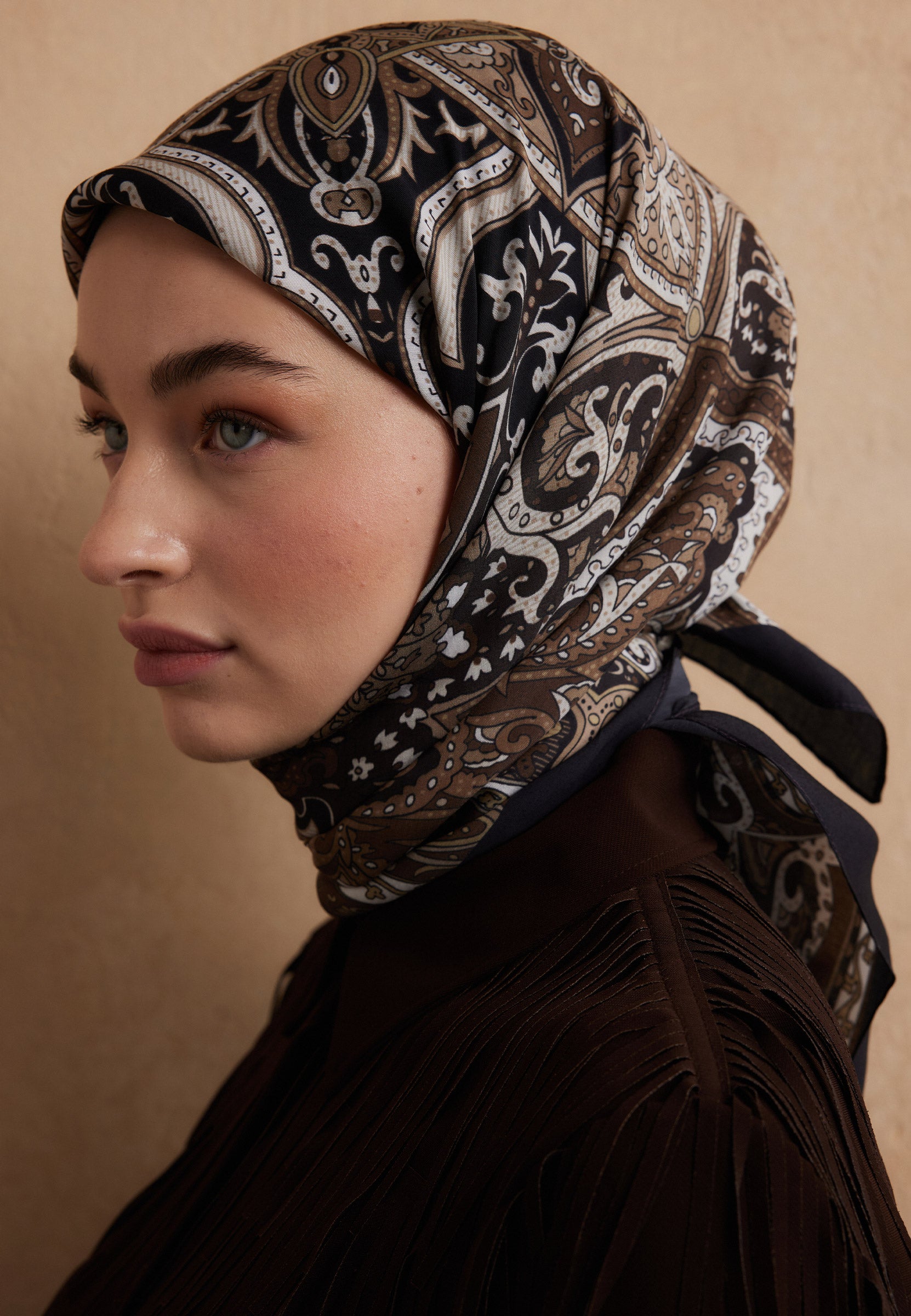 Kahve Etnıc Floral Desen Pamuk İpek Eşarp