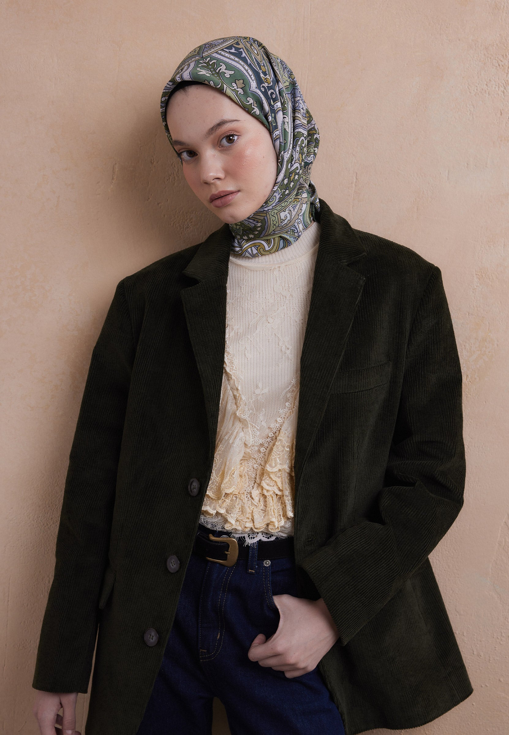 Soft Yeşil Etnıc Floral Desen Pamuk İpek Eşarp