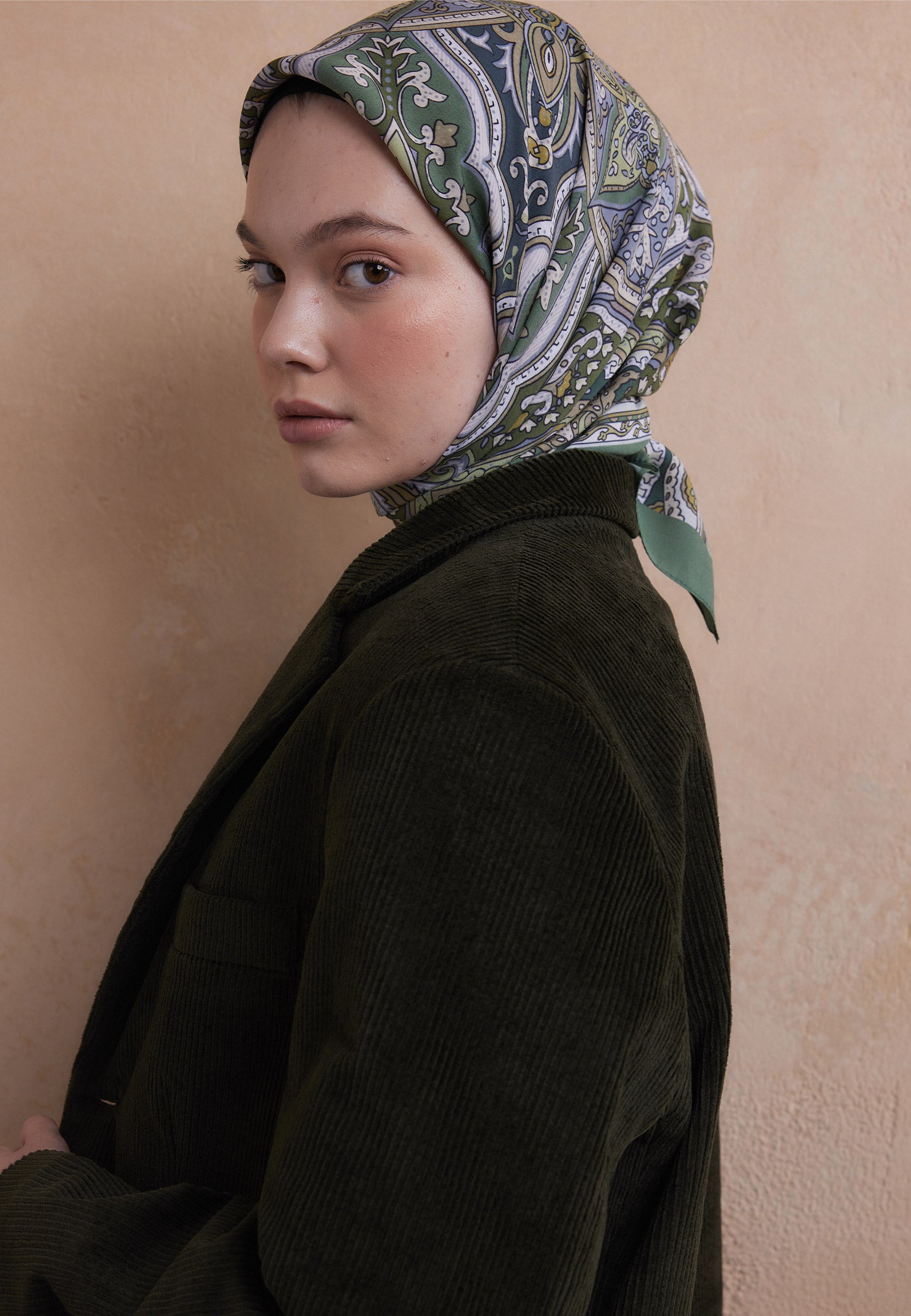 Soft Yeşil Etnıc Floral Desen Pamuk İpek Eşarp
