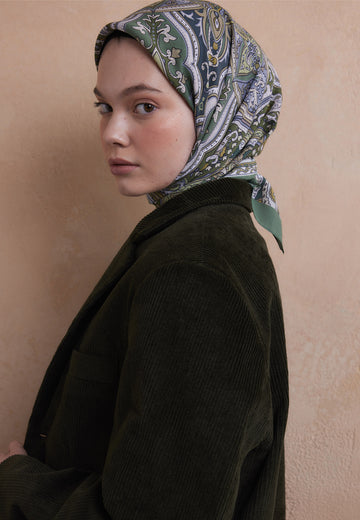 Soft Yeşil Etnıc Floral Desen Pamuk İpek Eşarp