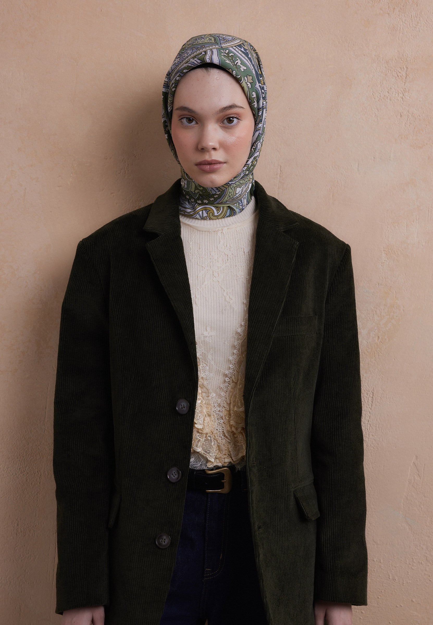 Soft Yeşil Etnıc Floral Desen Pamuk İpek Eşarp