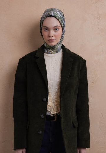 Soft Yeşil Etnıc Floral Desen Pamuk İpek Eşarp
