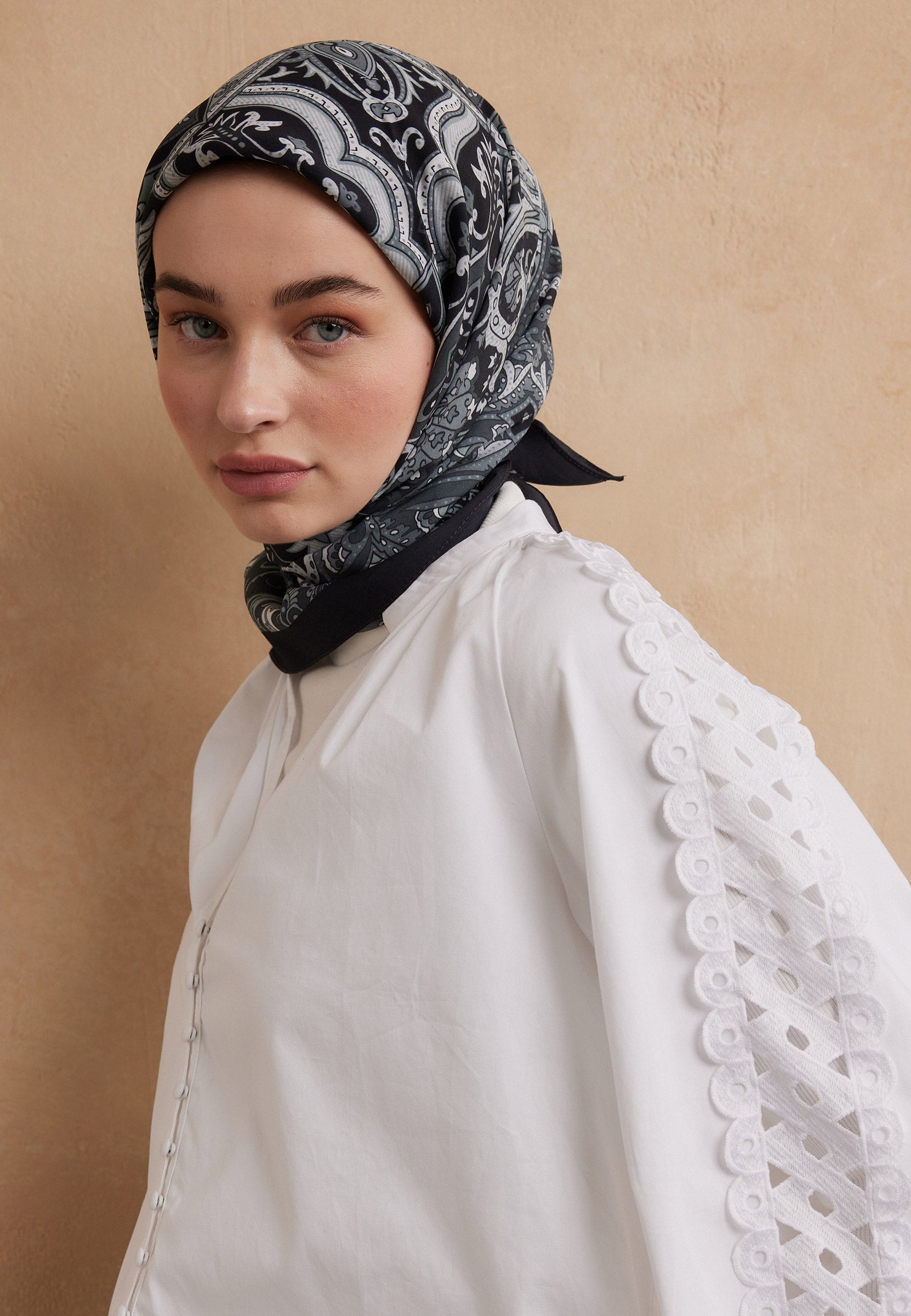 Antik Mavi Etnıc Floral Desen Pamuk İpek Eşarp