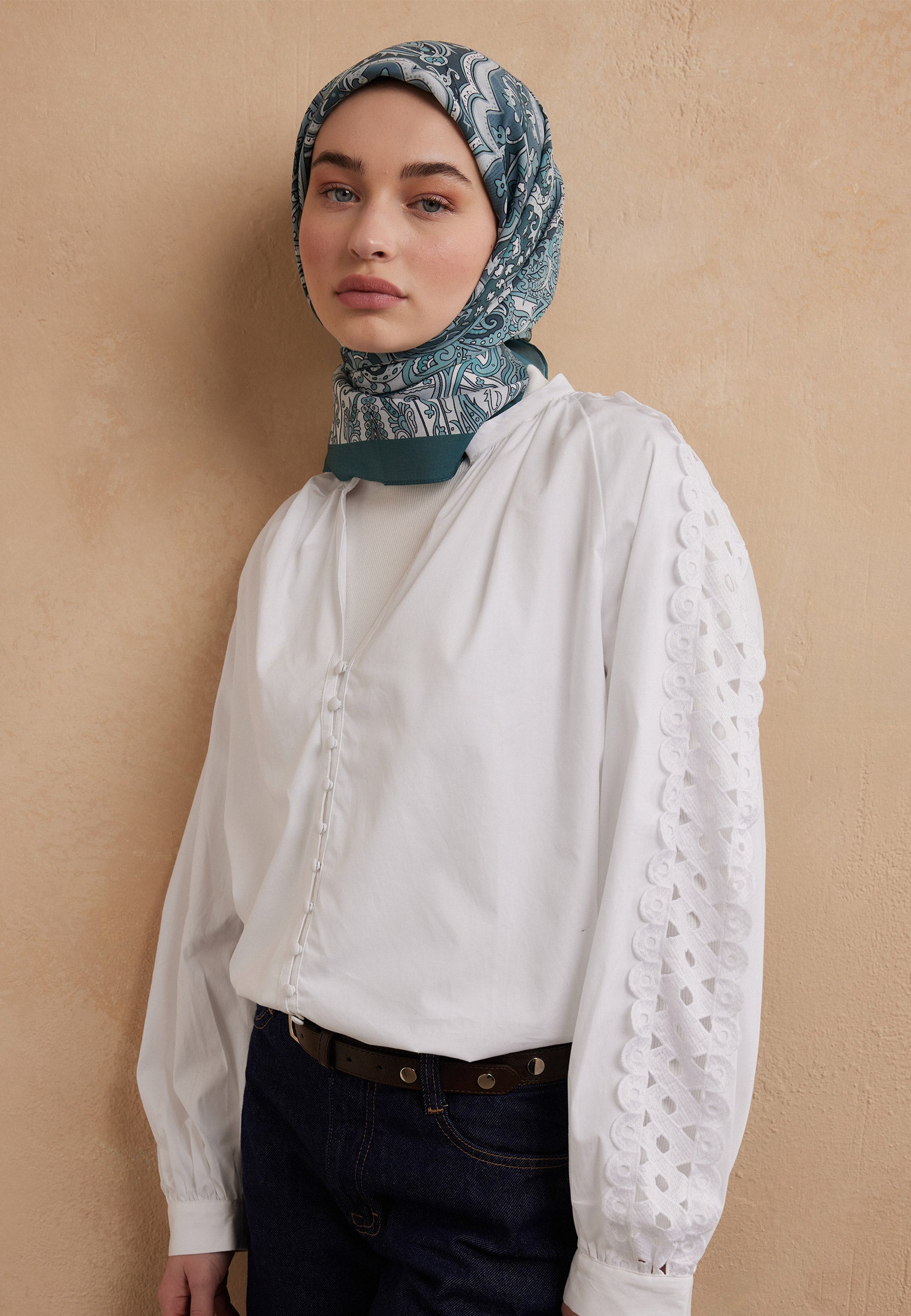 Aquamarin Etnıc Floral Desen Pamuk İpek Eşarp