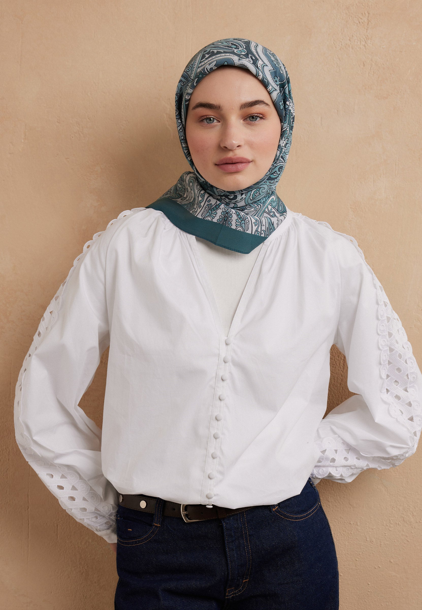 Aquamarin Etnıc Floral Desen Pamuk İpek Eşarp