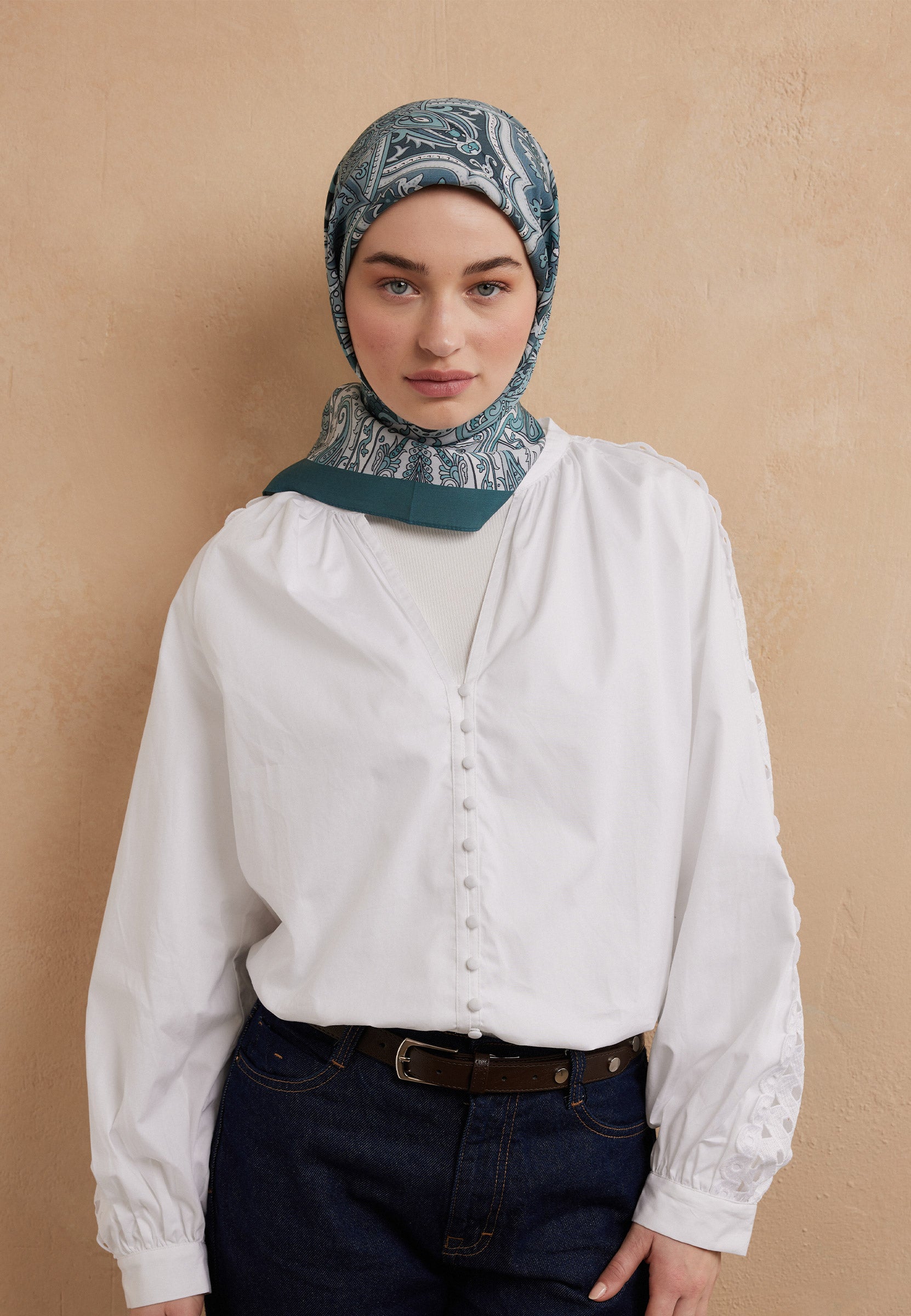 Aquamarin Etnıc Floral Desen Pamuk İpek Eşarp