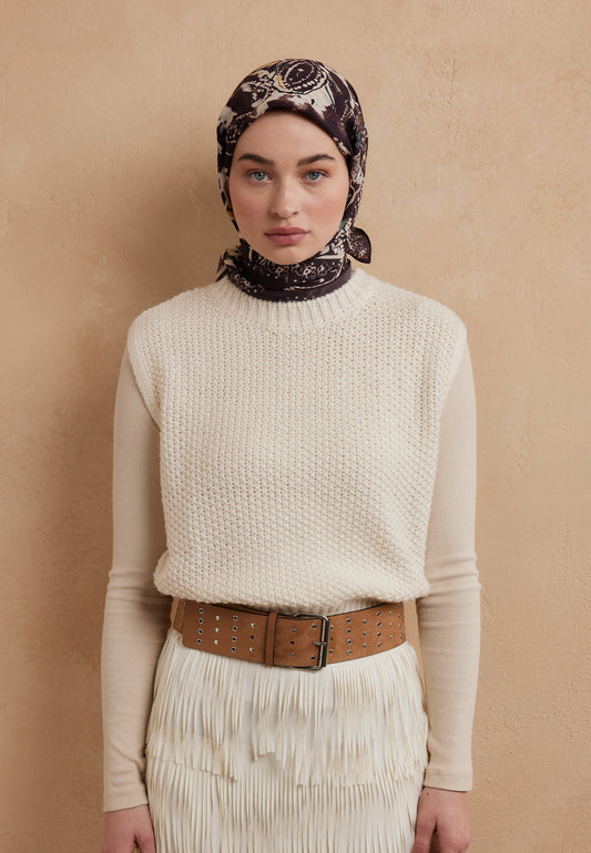 Mürdüm Floral Paısley Desen Pamuk İpek Eşarp