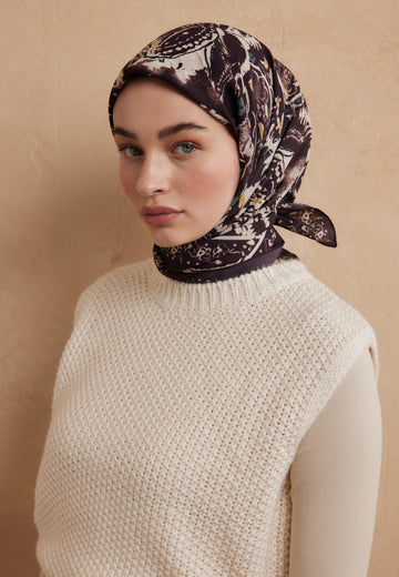 Mürdüm Floral Paısley Desen Pamuk İpek Eşarp