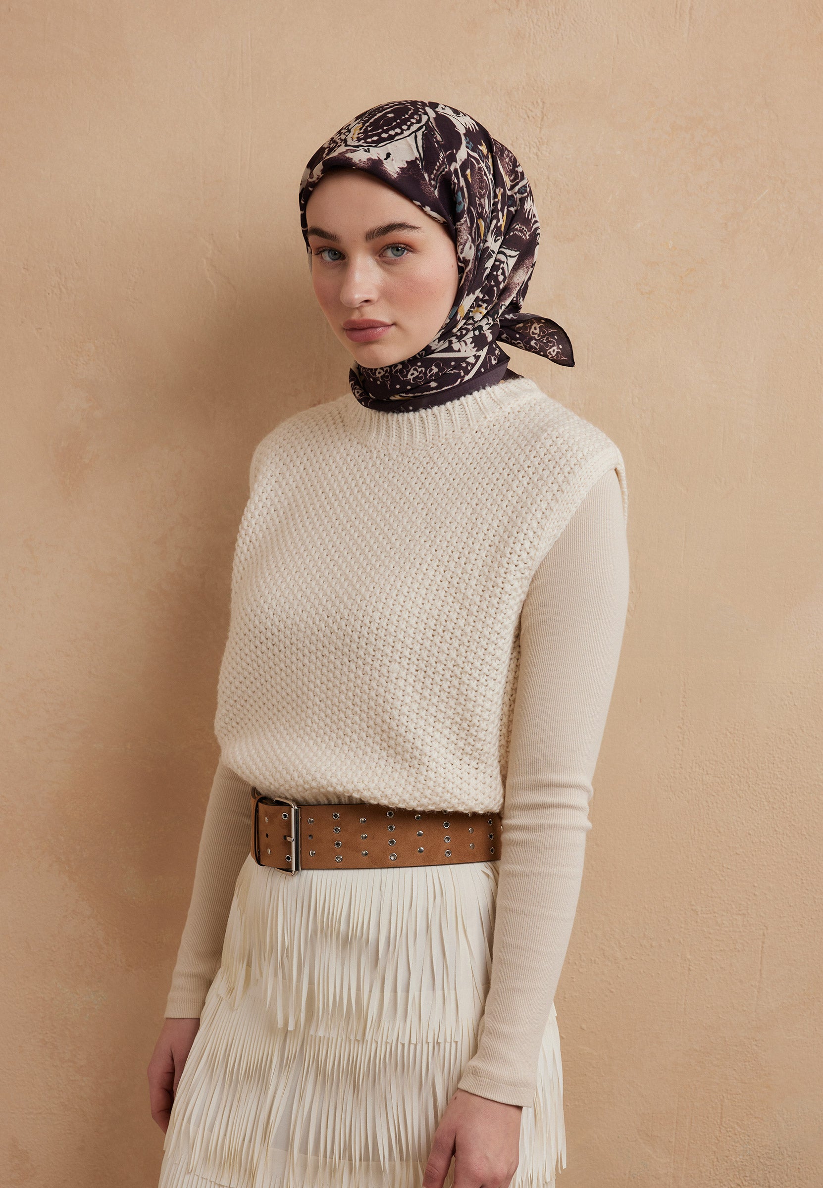 Mürdüm Floral Paısley Desen Pamuk İpek Eşarp
