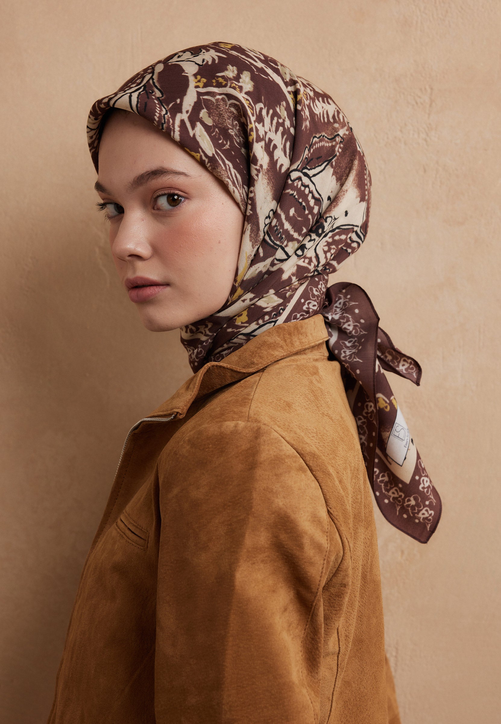 Kızıl Kahve Floral Paısley Desen Pamuk İpek Eşarp