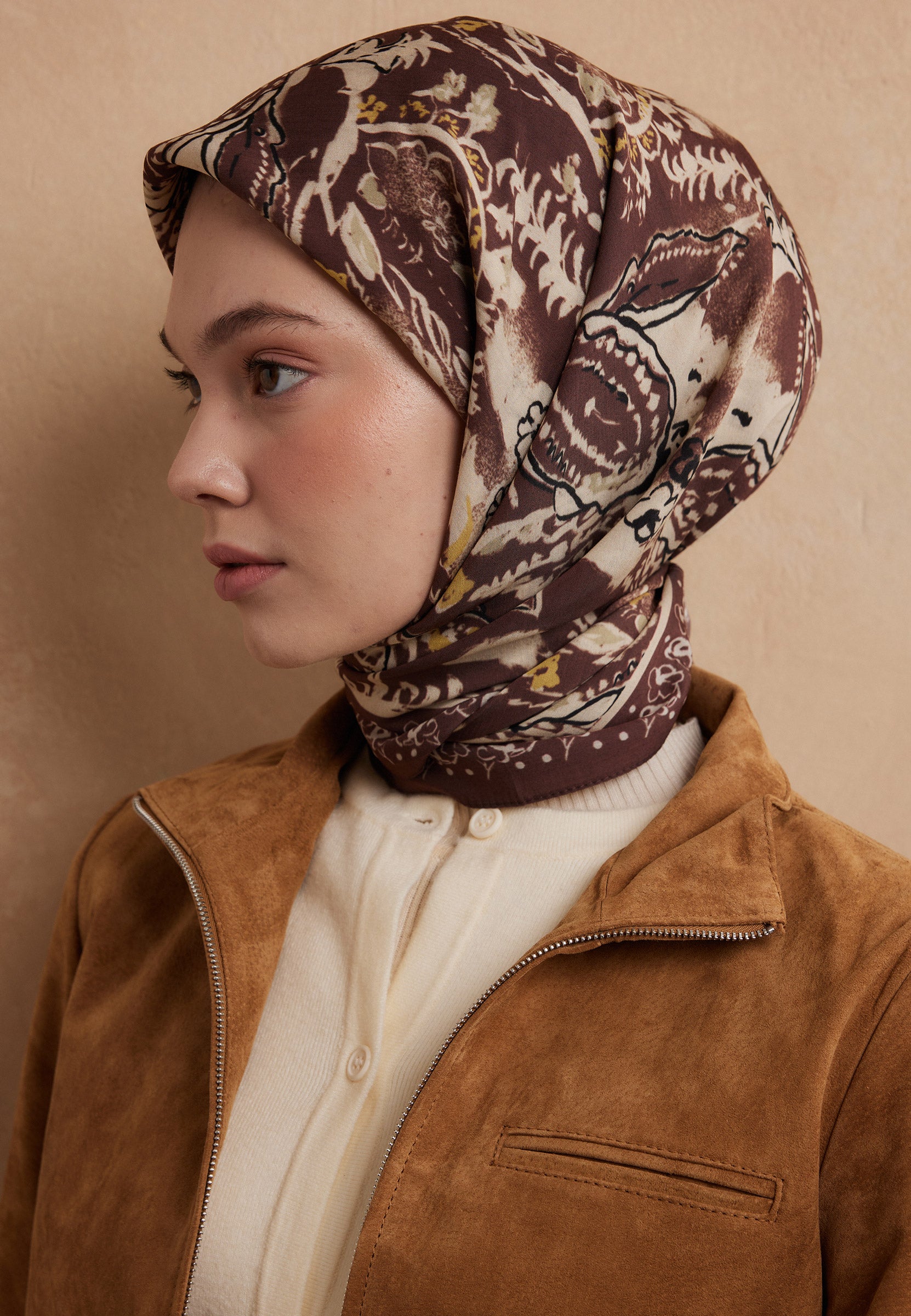 Kızıl Kahve Floral Paısley Desen Pamuk İpek Eşarp