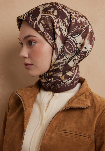 Kızıl Kahve Floral Paısley Desen Pamuk İpek Eşarp