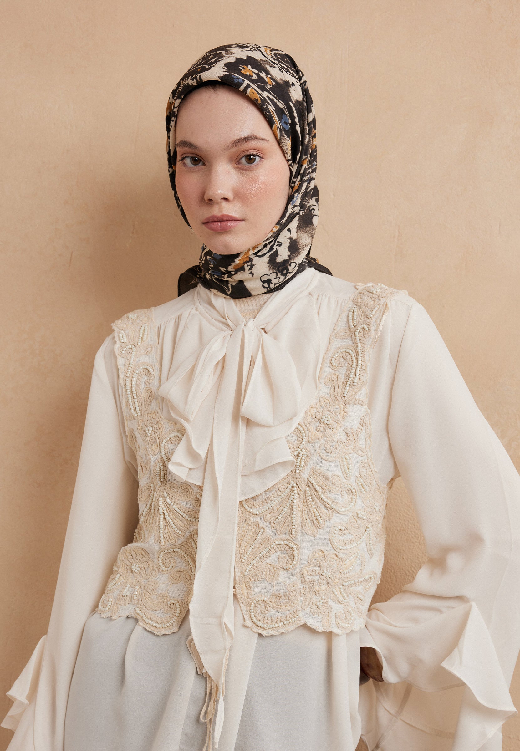 Koyu Kahve Floral Paısley Desen Pamuk İpek Eşarp