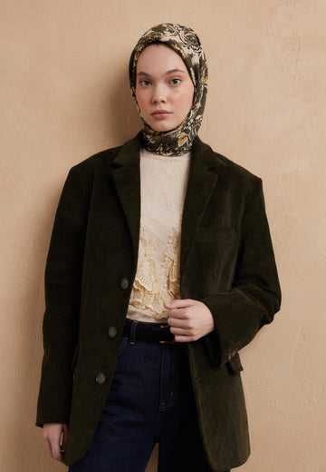 Koyu Haki Floral Paısley Desen Pamuk İpek Eşarp