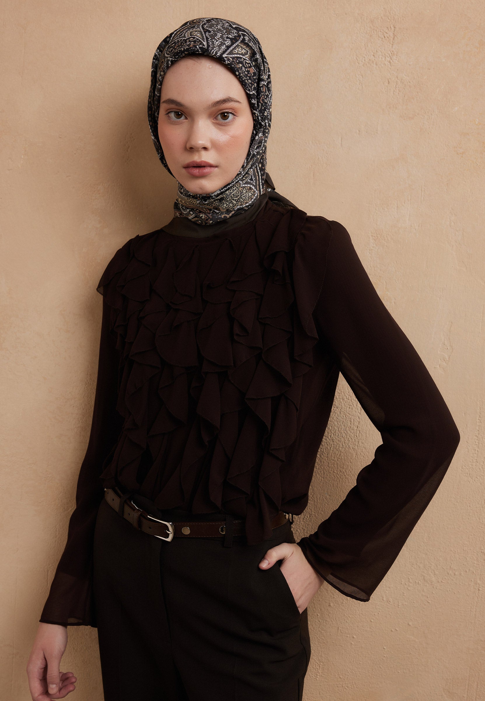 Acı Kahve Helene Desen Pamuk İpek Eşarp
