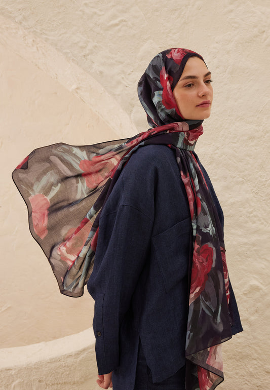 Lacivert Summer Rose Desen Rami Şal