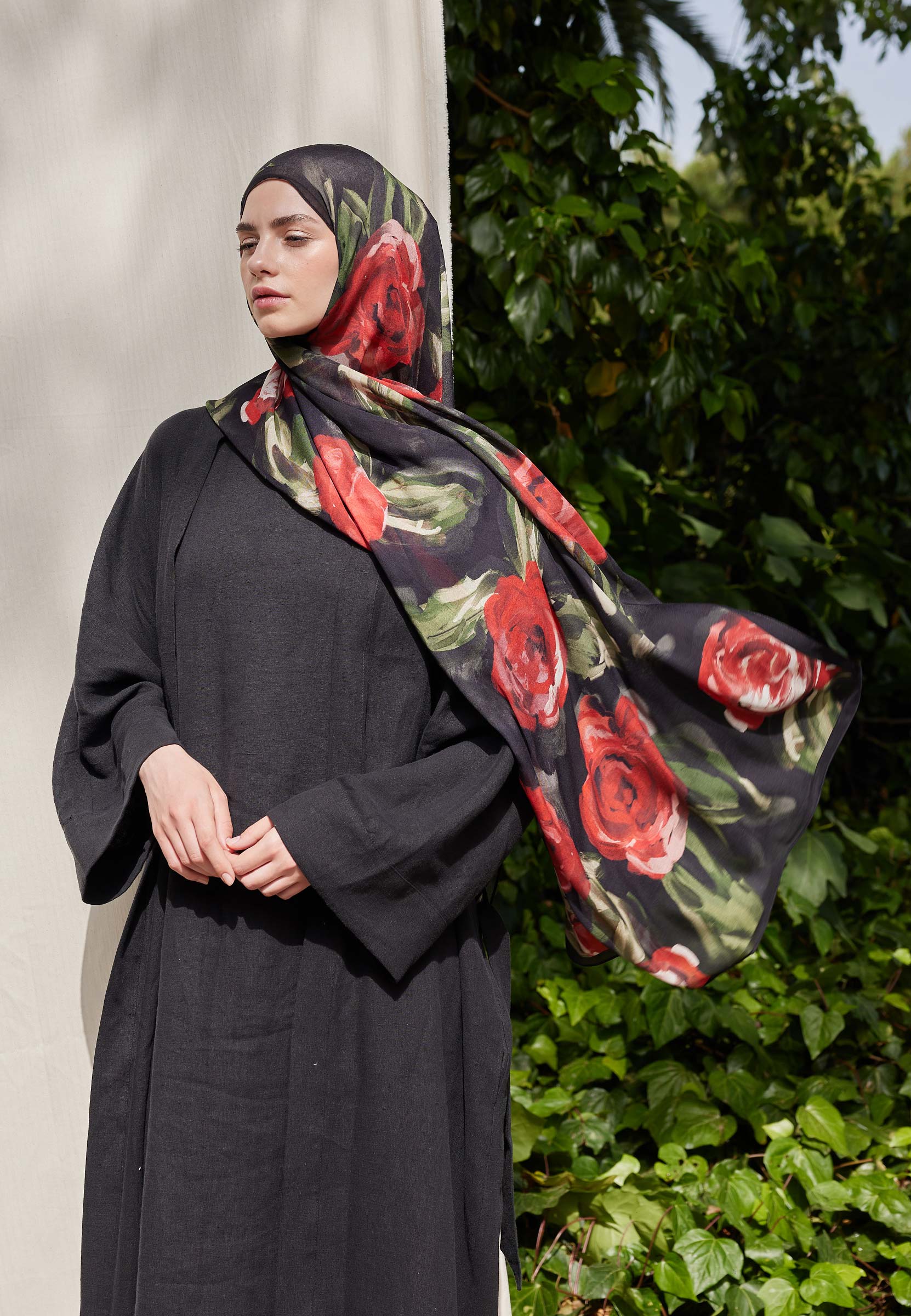 Kırmızı Summer Rose Desen Rami Şal