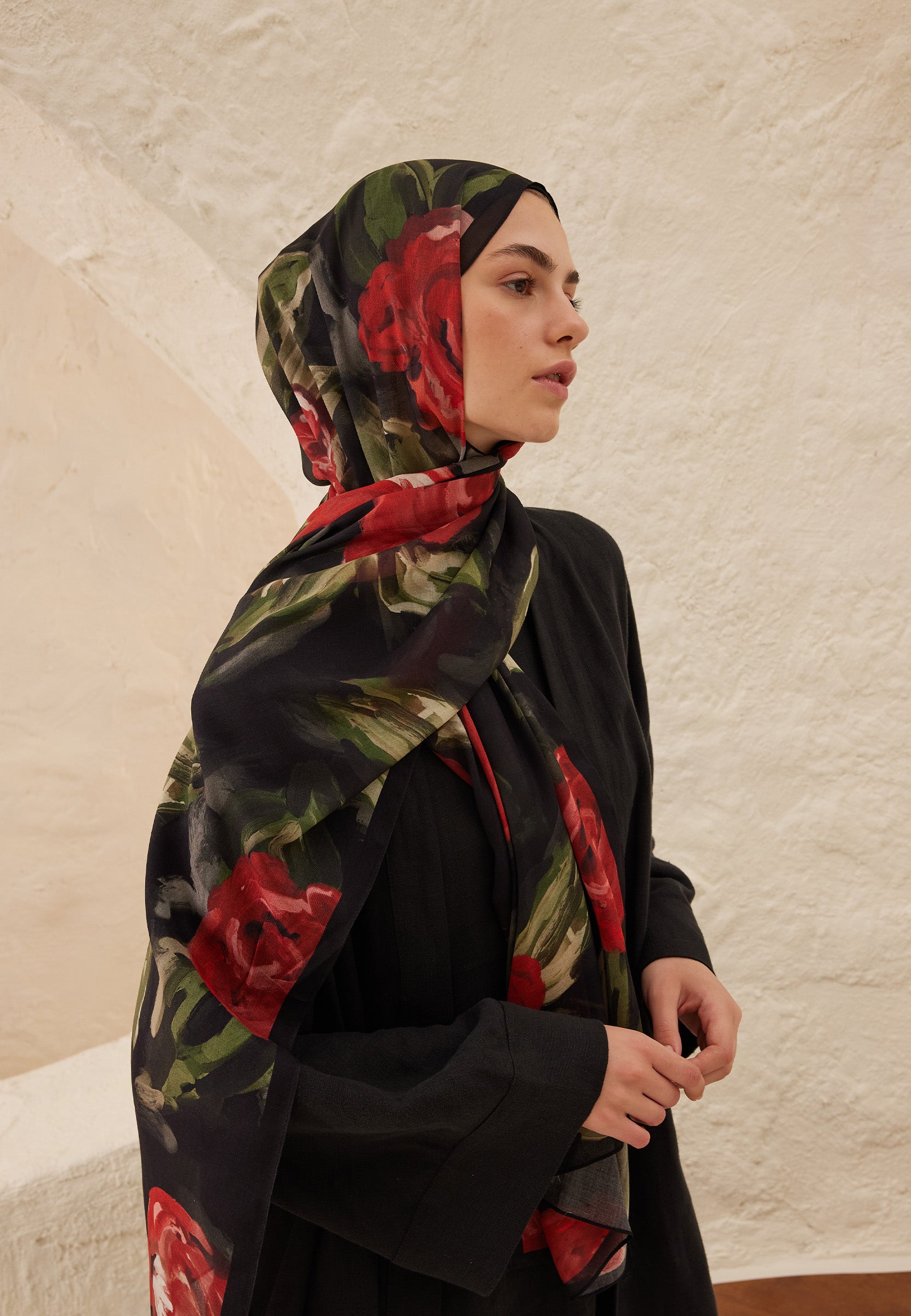 Kırmızı Summer Rose Desen Rami Şal