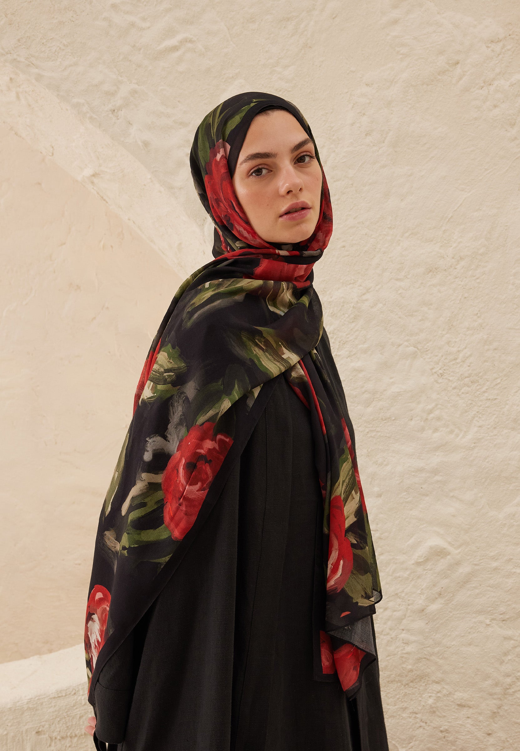 Kırmızı Summer Rose Desen Rami Şal