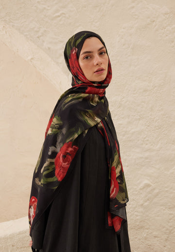 Kırmızı Summer Rose Desen Rami Şal
