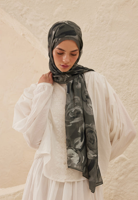 Gümüş Summer Rose Desen Rami Şal