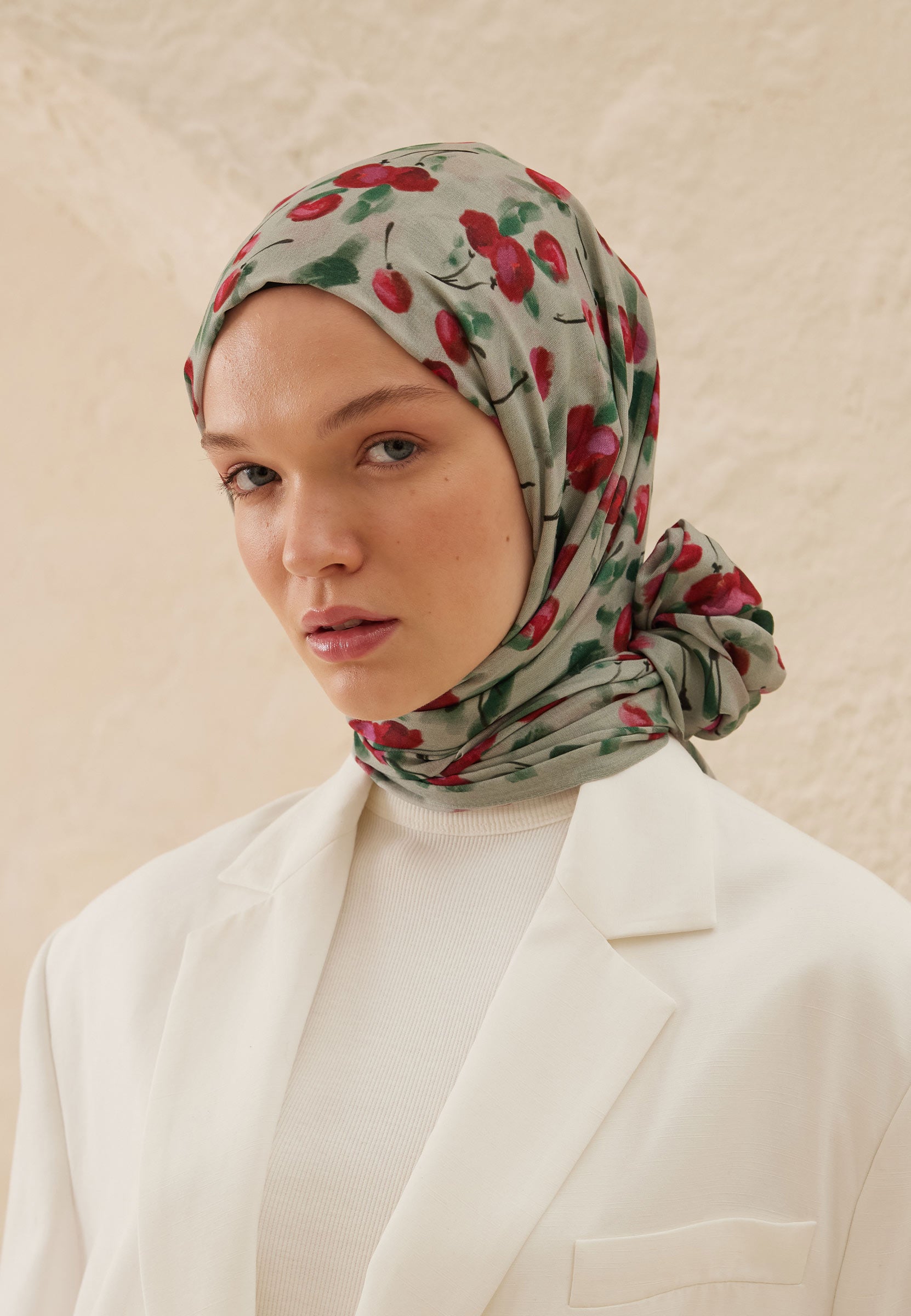 Soft Yeşil Cherry Desen Rami Şal