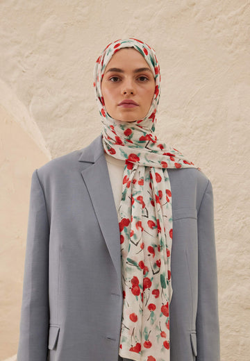 Ekru Cherry Desen Rami Şal
