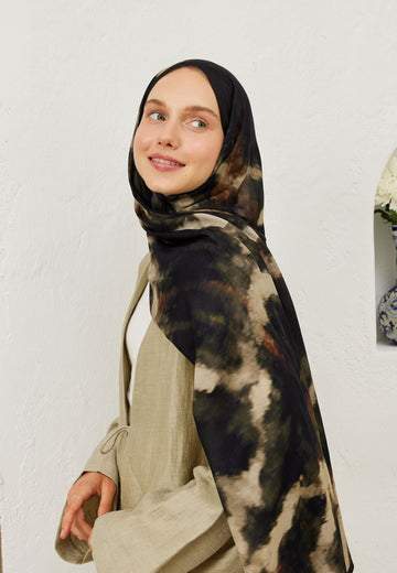 Siyah Batik Desen Rami Şal