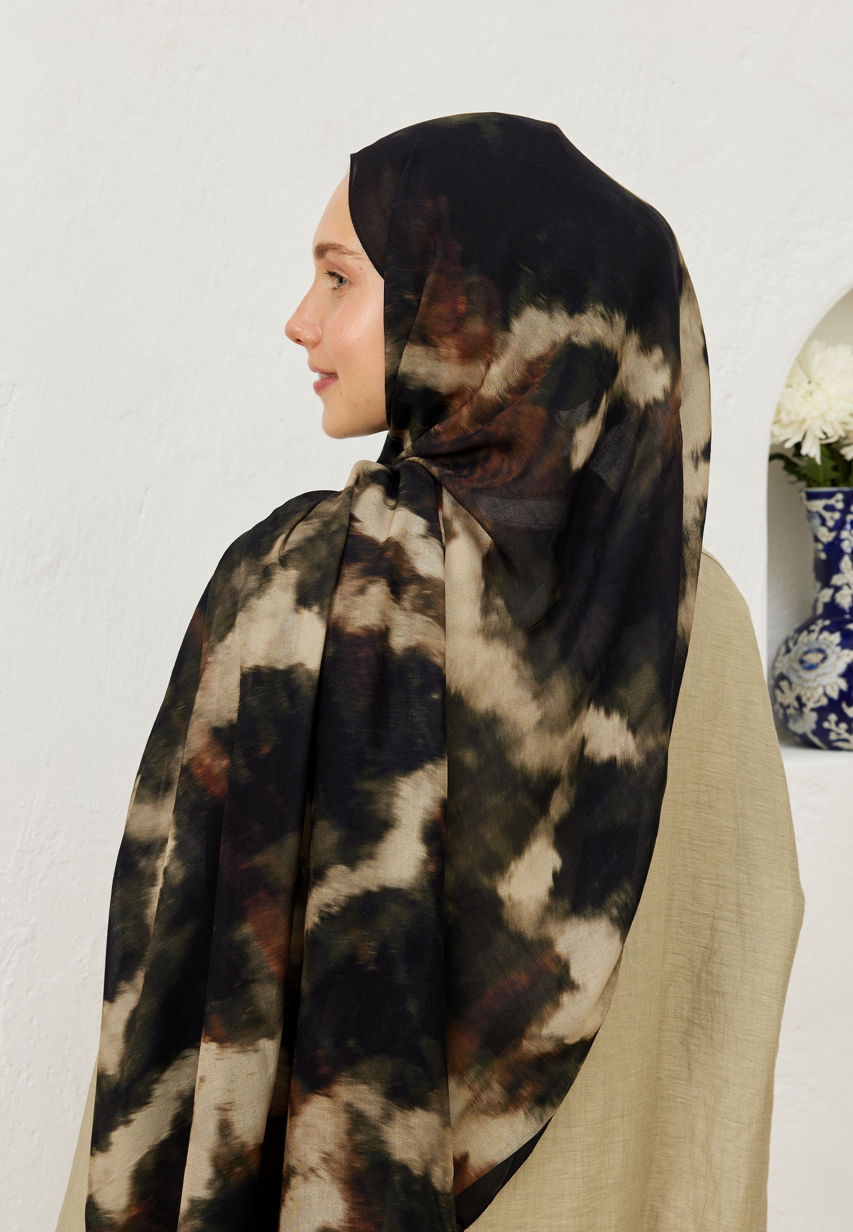 Siyah Batik Desen Rami Şal