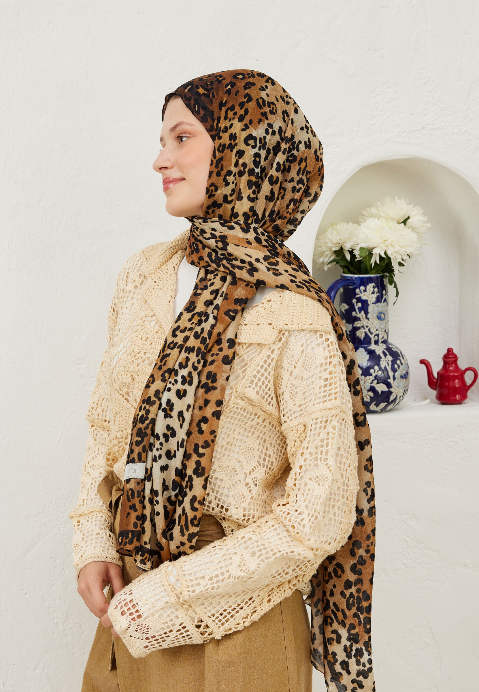 Camel Leopar Desen Rami Şal
