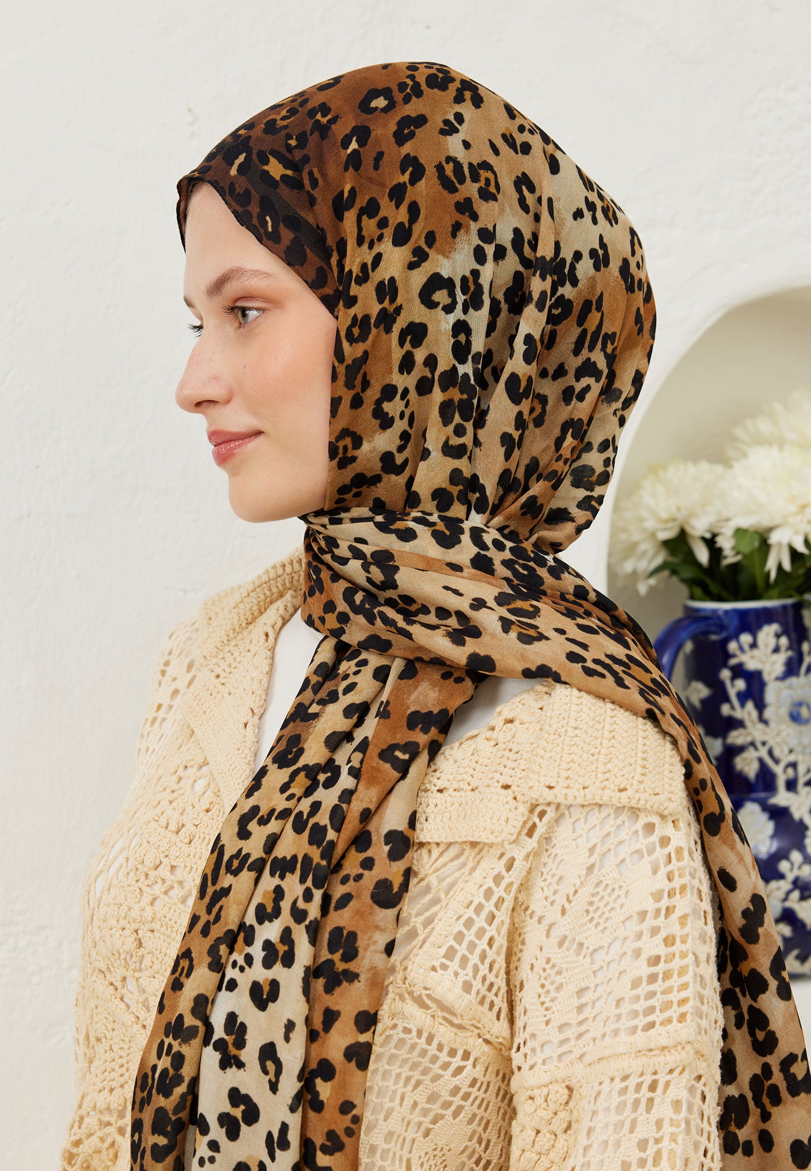 Camel Leopar Desen Rami Şal
