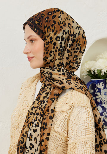 Camel Leopar Desen Rami Şal