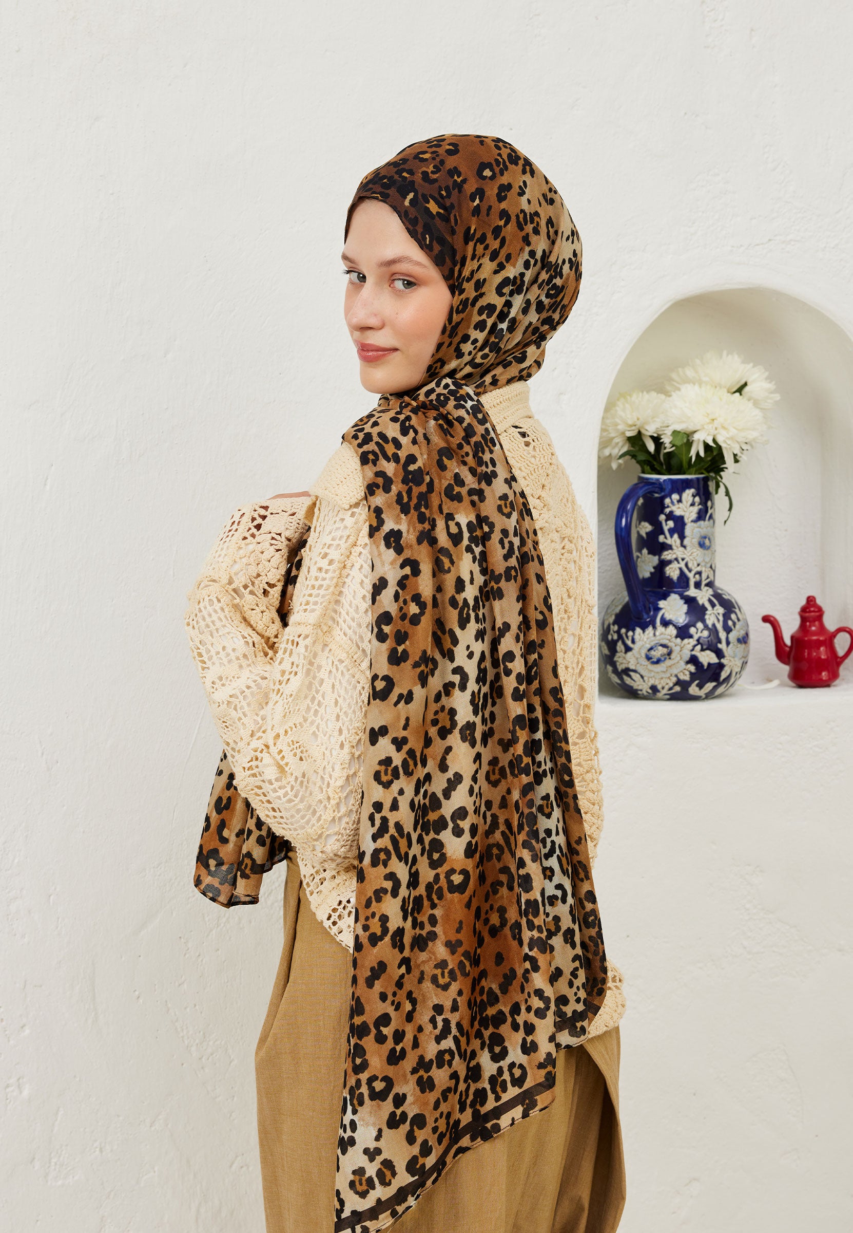 Camel Leopar Desen Rami Şal