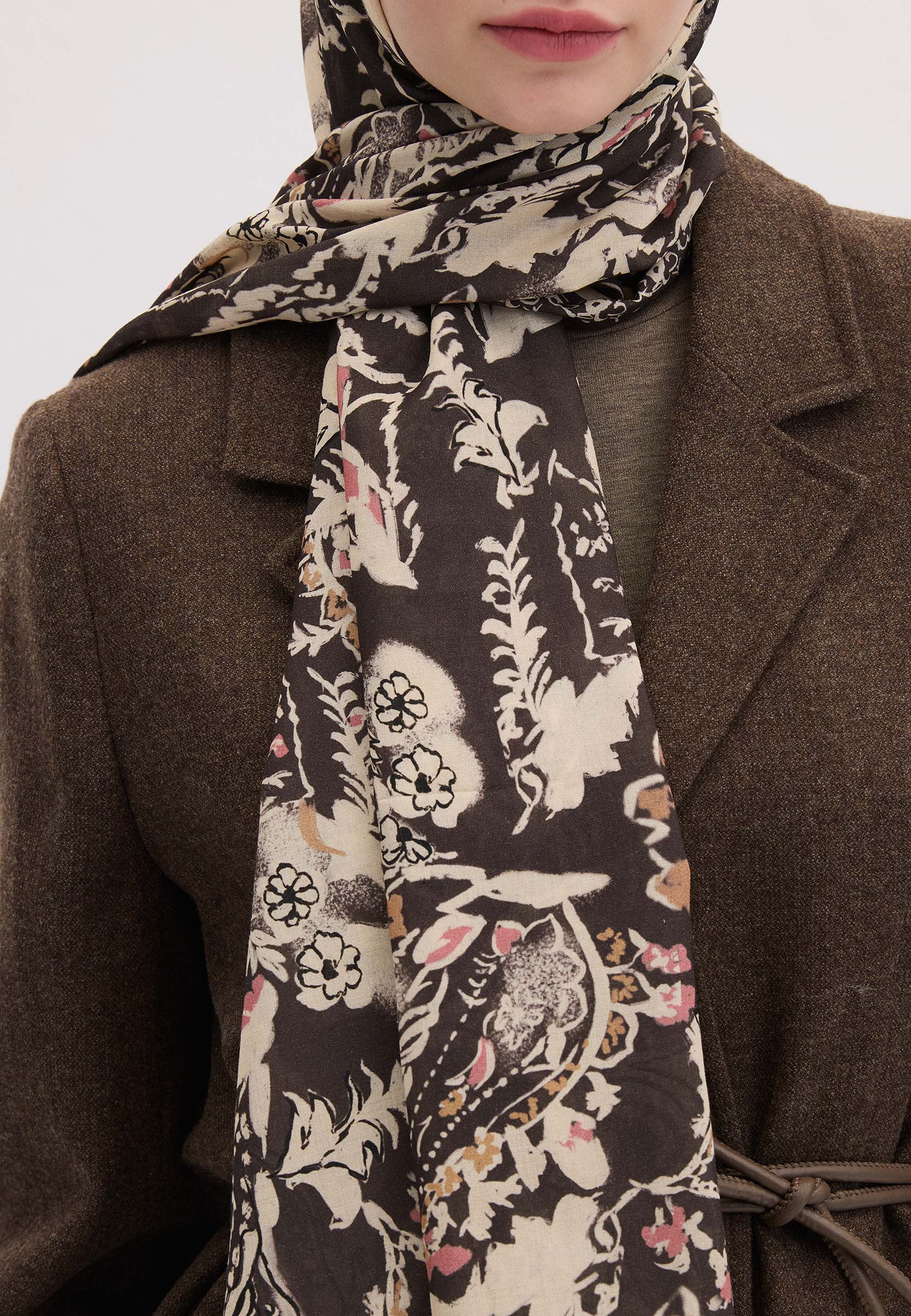 Antrasit Floral Paısley Desen Şal