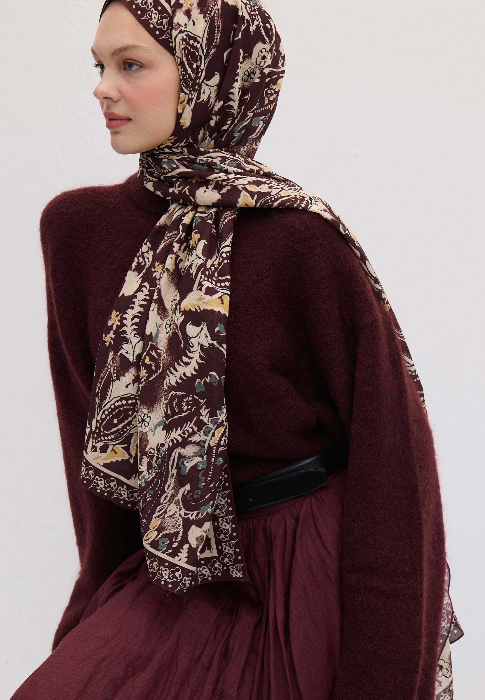 Koyu Mürdüm Floral Paısley Desen Şal
