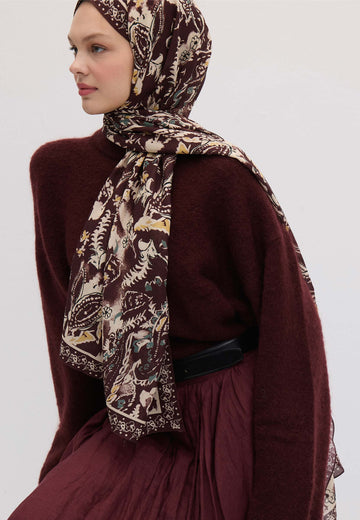 Koyu Mürdüm Floral Paısley Desen Şal