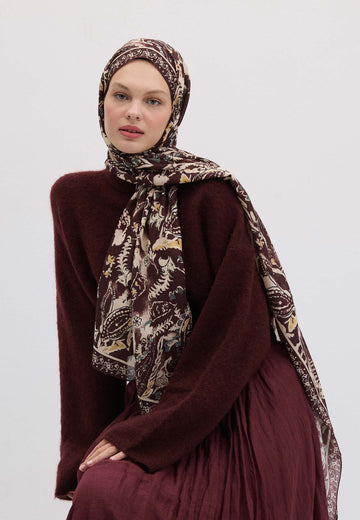 Koyu Mürdüm Floral Paısley Desen Şal